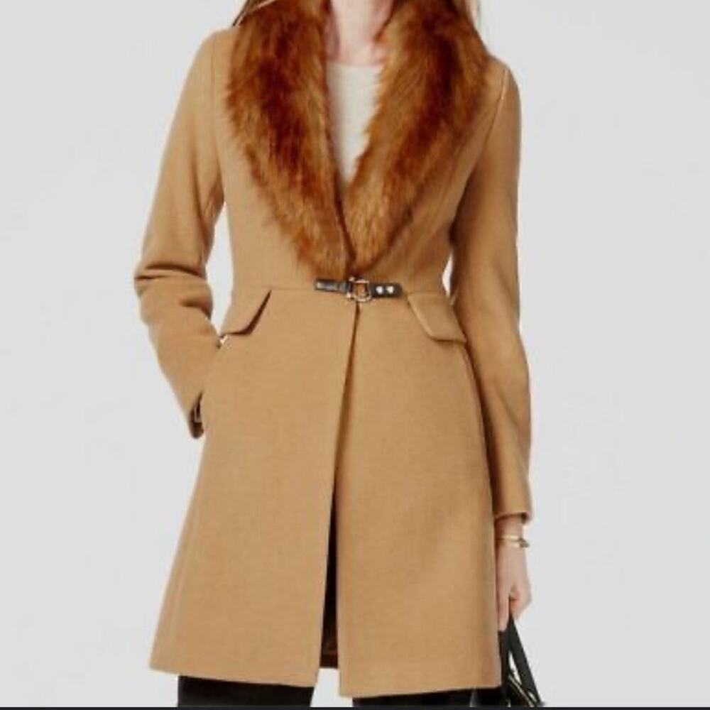 Ivanka Trump Tan Wool Trench Coat with Brown Fur Collar and Fitted Silhouette